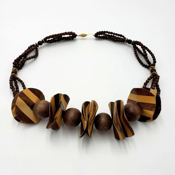 Wood Banded Striped Discs Round Beads Necklace Chunky Vintage Clasp Gold Tone - Picture 2 of 10